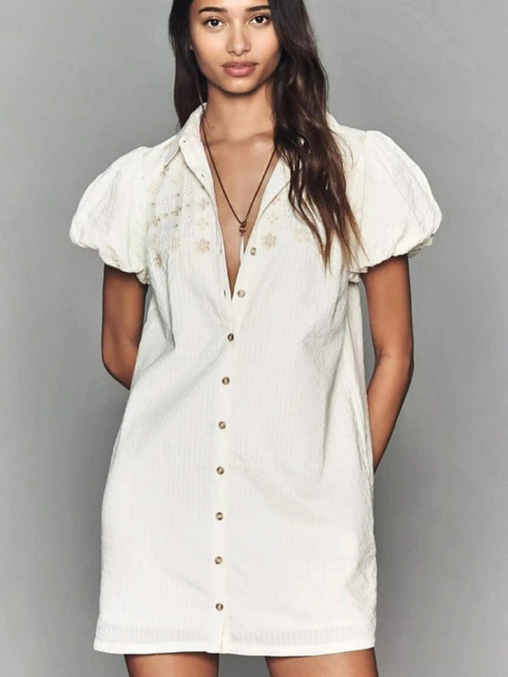 Antropologie PILCRO Floral Puff Sleeve Mini Dress in White Size Medium NWT